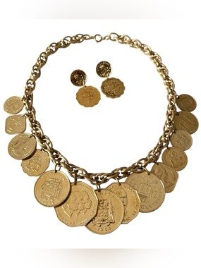 Franklin Mint 24K Gold Plated Caribbean Coin Charm Necklace Set
